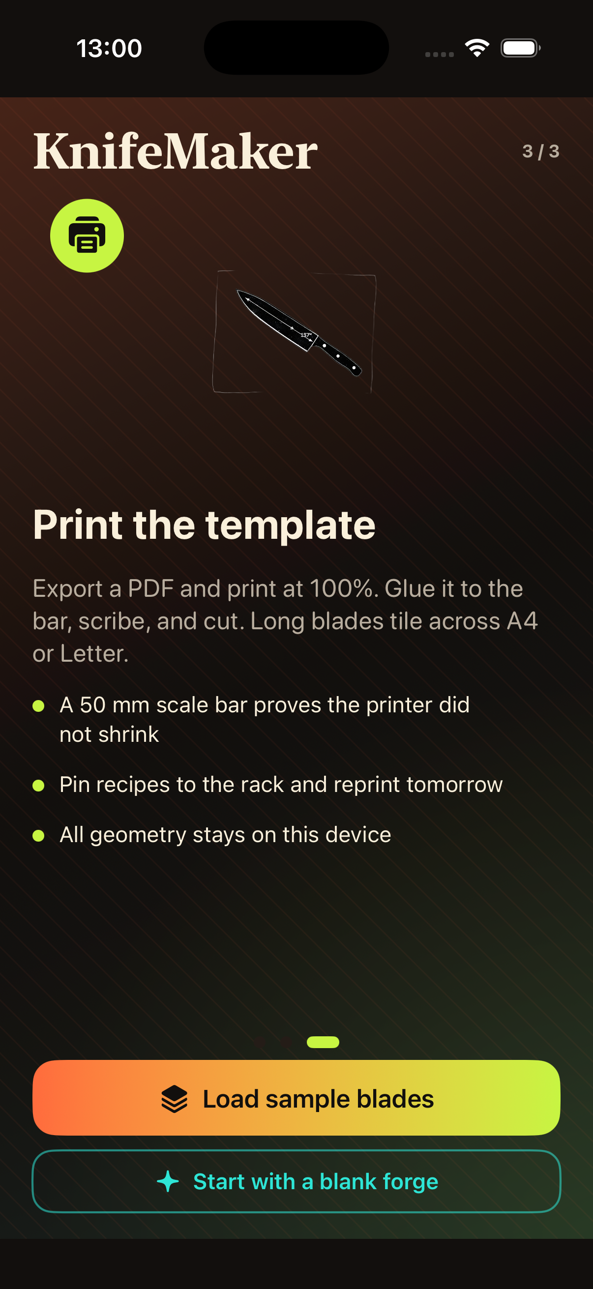 KnifeMaker pattern and dimensions